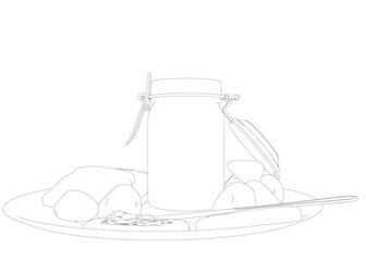 Outline healthy morning food and breakfast meals hand drawn with contour lines on white background - toasts, strawberry. Vector illustration..