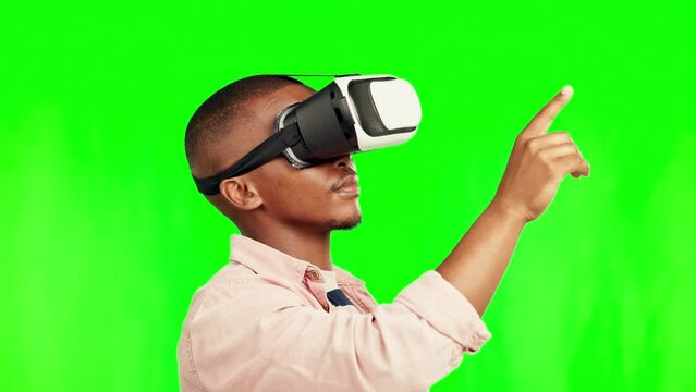 Black man, vr and 3d touch on green screen in studio isolated on a background mockup. Virtual reality, ui and African person with futuristic cyber technology for typing, scroll or click on metaverse