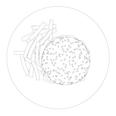 Outline cheeseburger on plate. Contour Big humburger with cutlets, cheese, tomatoes, lettuce. american food. Vector illustration element with humburger. Hand drawn food. Icon, symbol, logo.