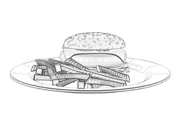 Outline cheeseburger on plate. Contour Big humburger with cutlets, cheese, tomatoes, lettuce. american food. Vector illustration element with humburger. Hand drawn food. Icon, symbol, logo.