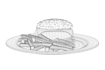 Wireframe cheeseburger on plate. Wireframe Big humburger with cutlets, cheese, tomatoes, lettuce. american food. Vector illustration element with humburger. Hand drawn food. Icon, symbol, logo. 3D.