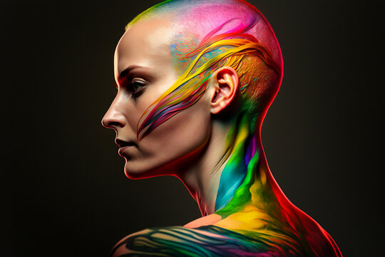 Woman portrait with rainbow tatoo on black background, fictitious person. AI generated image