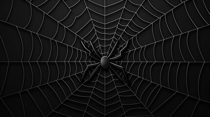 Scary spider web with a spider in the center. Spooky halloween decoration element of design. AI illustration.