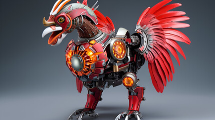 Fototapeta na wymiar Rooster robot. Iron bird mechanical. Chicken or cock cyborg. AI illustration.