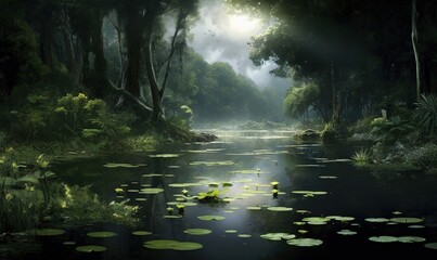  a painting of a river with lily pads in the water.  generative ai