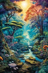 Obraz na płótnie Canvas A painting of a stream running through a forest, a storybook illustration, fantasy art, poster art.