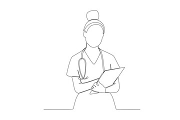 One single line drawing of young nurse writing medical report on clipboard at hospital. Medical health care concept continuous line draw design vector illustration
