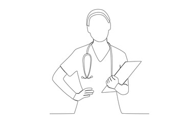 One single line drawing of young nurse writing medical report with right hand on waist and left hand holding clipboardat hospital. Medical health care concept continuous line draw design vector
