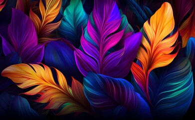 Obraz na płótnie Canvas Lush colorful tropical leaves, dark background, neon colorful lights. Generative AI.