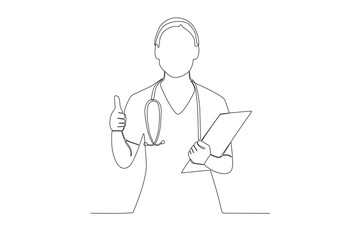 Single continuous line drawing of young female doctor nurse holding clipboard and giving thumbs up at hospital. Medical health care concept one line draw design vector illustration
