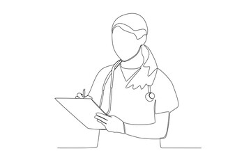 One single line drawing of young nurse writing medical report on clipboard at hospital. Medical health care concept continuous line draw design vector illustration
