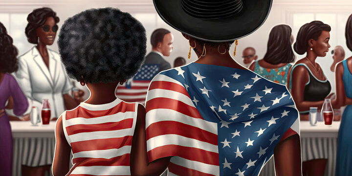 A heartwarming image of a black mother and baby holding the American flag on Fourth of July. The image celebrates unity and patriotism. - Generative AI