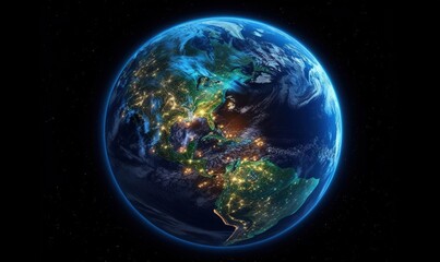  a view of the earth from space at night with city lights.  generative ai