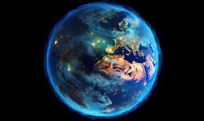 Obraz na płótnie Canvas a blue and black earth with a lot of lights on it. generative ai