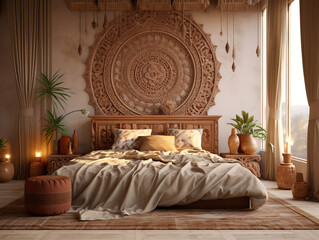 Home Interior With Ethnic Boho Decoration Bedroom, Mockups Design 3D, HD