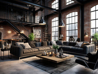 Luxury Black Industrial Living Room , Mockups Design 3D, HD