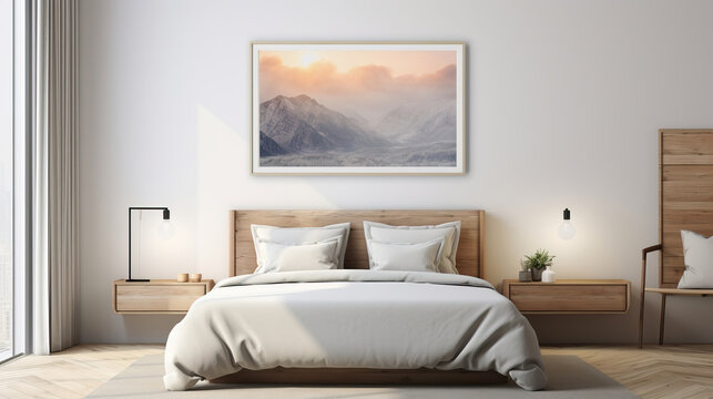 Mock up frame in Bedroom Interior Background , Mockups Design 3D, HD