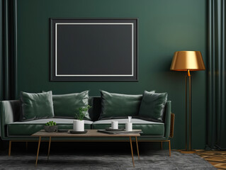 Mock up poster frame in dark Green Living Room, Mockups Design 3D, HD