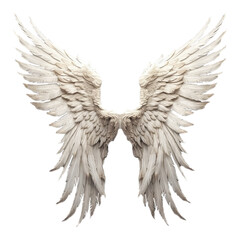 Obraz premium Pair of white realistic angel wings with feathers isolated on transparent background, angel/birdstyle, Generative AI