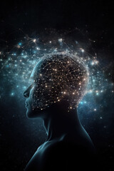 Human head with glowing dots and lines, neural connections. Interaction of people, knowledge of the world and the universe through cosmic energies. Generative AI
