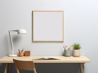 Home work place table with decor and blank wall , Mockups Design 3D, HD