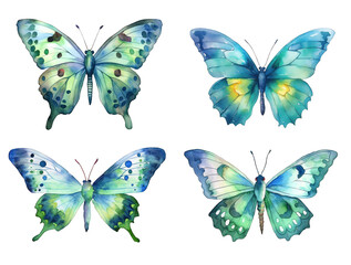 Fototapeta na wymiar Set with green watercolor butterflies isolated on transparent background