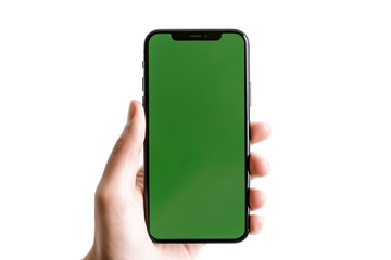 Hand Holding Smartphone with Green Screen on Transparent Background. AI