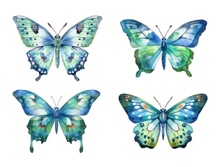 Fototapeta na wymiar Set with green watercolor butterflies isolated on transparent background