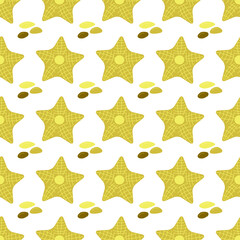 Summer abstract seamless pattern of marine plants. Starfish. Pebbles. Marine theme. Print design, wallpaper, packaging. Vector flat illustration.