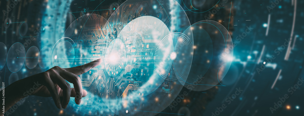 Poster Machine learning with data technology, Businessman touching the brain of Artificial Intelligence (AI) and coding on interface, IoT internet of things, innovative of futuristic business.