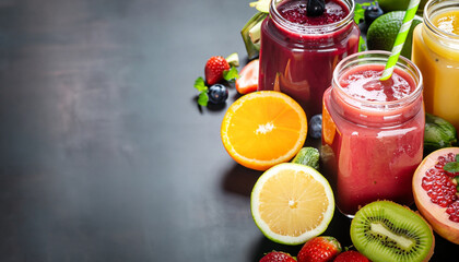 Selection assortment of colorful Healthy fresh fruit and vegetable smoothies with ingredients