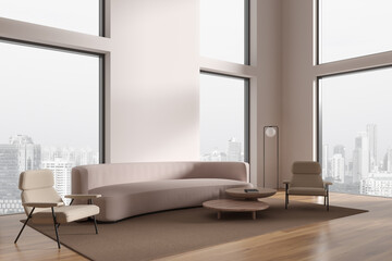 Minimalistic white living room corner with couch, armchairs and windows