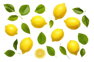 Top view of several lemons, lemon slices and green leaves on a cutout PNG transparent background. Generative AI