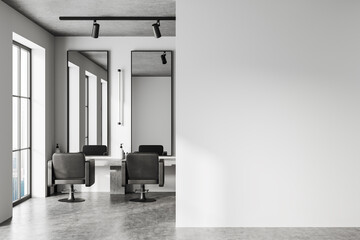 White barber shop with armchairs in row and mirror, window and mockup wall