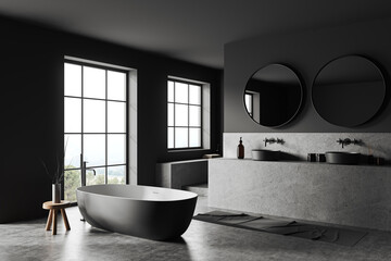 Fototapeta na wymiar Grey bathroom interior with bathtub, washbasin and decoration. Panoramic window