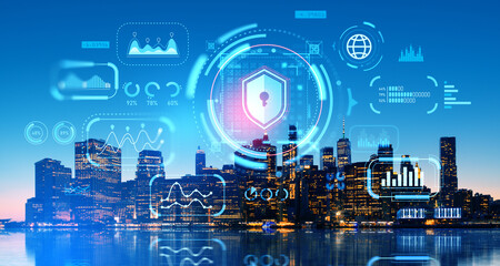 New York and cybersecurity with data protection, infographics and lock icon