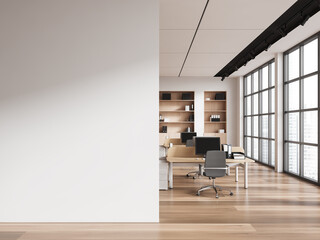 White open space office interior with blank wall - obrazy, fototapety, plakaty