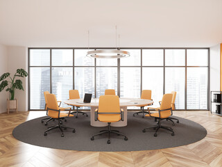 Cozy white meeting room interior with table, office chairs and panoramic window