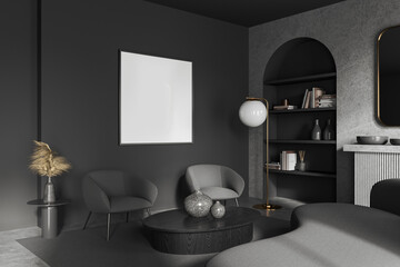 Grey relax room interior armchairs and shelf with art decoration, mockup frame