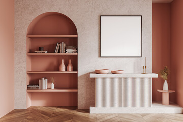 Bright living room interior shelf with art decoration and books, mockup frame