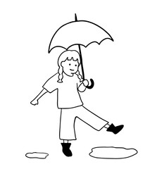 傘を持って歩く女の子の線画イラスト　白黒