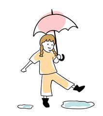 傘を持って歩く女の子の線画イラスト　白黒
