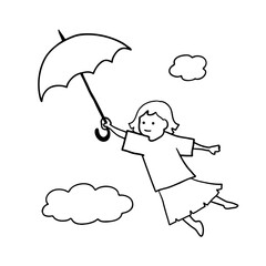 傘を持って飛んでいく子どもの線画イラスト　白黒
