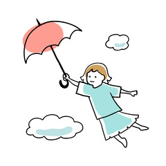 傘を持って飛んでいく子どもの線画イラスト