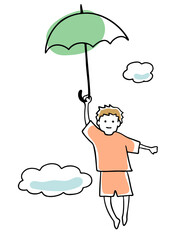 傘を持って飛んでいく子どもの線画イラスト