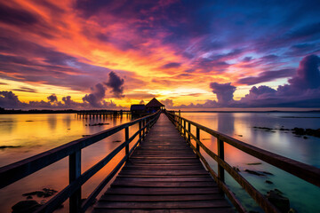 Fototapeta premium Pier boardwalk at sunset, beautiful scenery