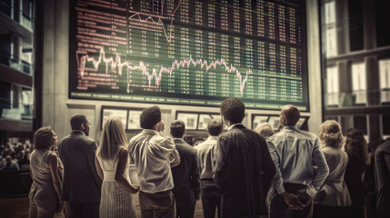 Obraz premium Stock traders from behind looking at financial graph on big screen. Equity or share trading concept. Generative AI