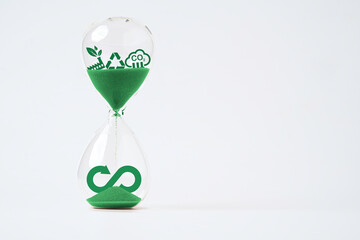 Infinity symbol with Circular business economy environment icons inside hourglass  for future...