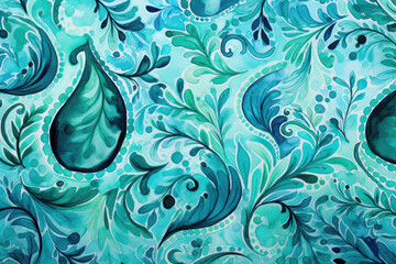 Watercolor teal paisley pattern.