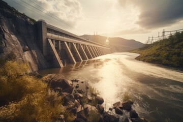 Obraz premium hydroelectric power plant, with view of the dam and reservoir, and sun shining through the clouds, created with generative ai